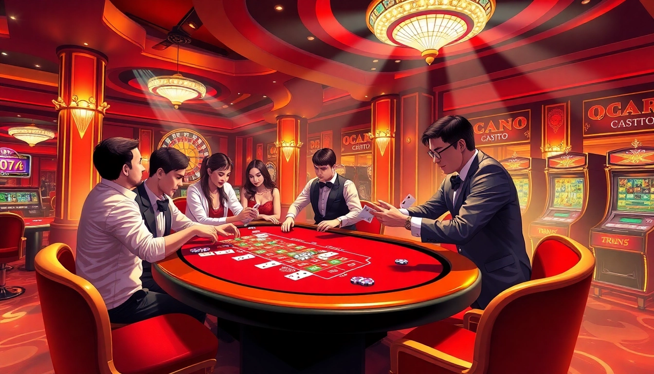 Players at a blackjack table in a lively casino representing the thrilling experience of QQQ88 gambling games.
