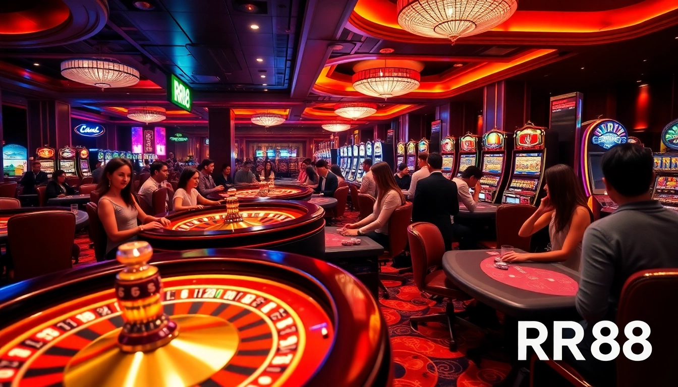 Players celebrating wins at RR88 casino tables surrounded by vibrant slot machines and roulette wheels.